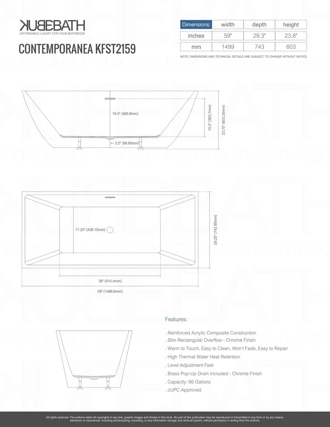 Kube Contemporanea 59'' White Free Standing Bathtub