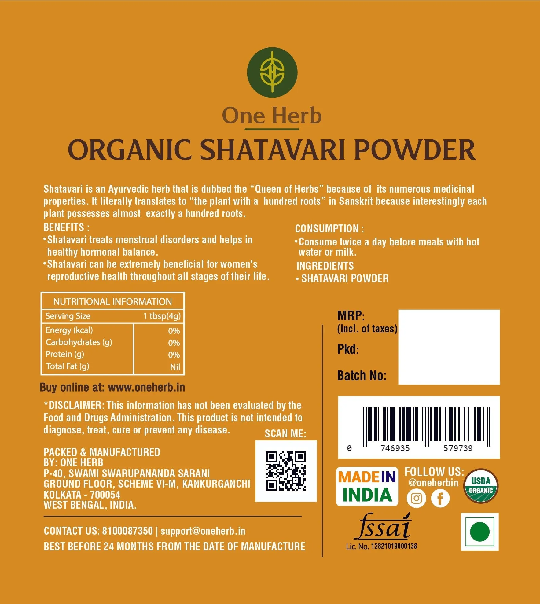 One Herb - Organic Shatavari Powder